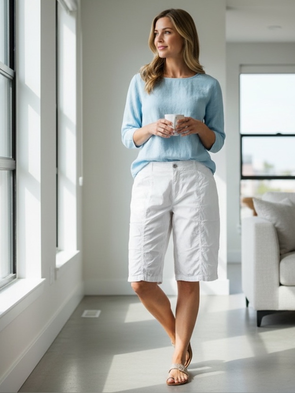 Fresh Produce White Knee-Length Bermuda Shorts